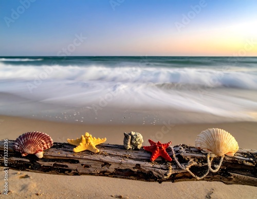 Coastal scene with assorted seashells and starfish on driftwood, blurred waves and vibrant sunset background