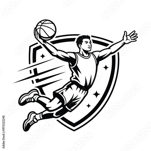 Dynamic athletic basketball player in midair performing a slam dunk with a shield emblem