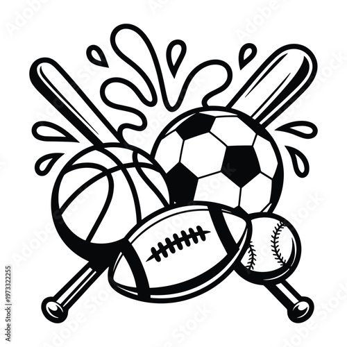 Dynamic arrangement of assorted sports balls and bats with splashing water elements