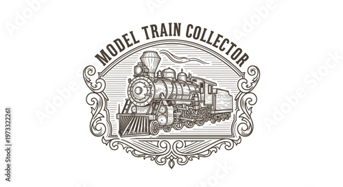 Vintage Engraved Steam Locomotive Emblem with "Model Train Collector" Text