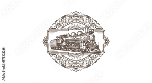 Vintage Engraved Steam Locomotive Emblem with Ornate Frame