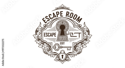 Vintage Escape Room Emblem with Keyhole and Key