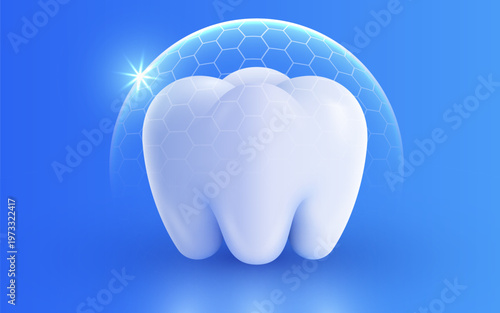 Protected healthy tooth with a shield on blue background, representing dental care and oral hygiene. Vector illustration.