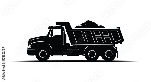Classic side view vector illustration of a heavy construction dump truck loaded with material for design.