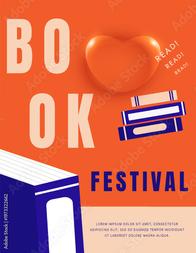 Book Festival Design with a pile of books, heart and text. Book festival poster. Vector template