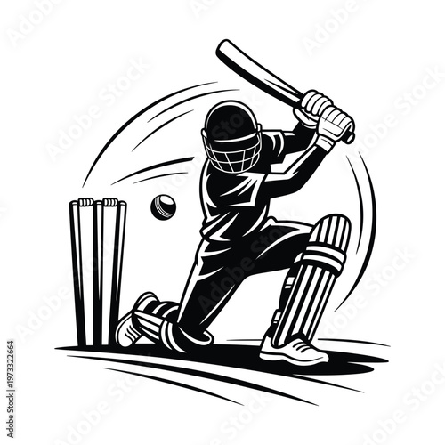 Silhouette of a cricket batsman in action hitting the ball with a helmet and protective gear during a match
