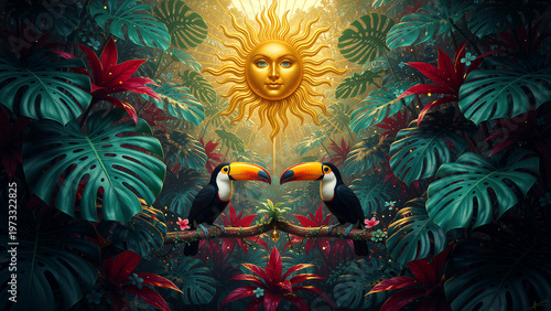 A radiant golden sun, featuring a benevolent human-like face, casts its luminous glow upon two brilliantly colored toucans perched symmetrically on a jungle branch, creating a vibrant, enchanting,