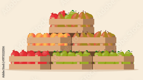 A vibrant array of fruits is arranged in wooden crates, showcasing a colorful selection that attracts attention and promotes healthy eating and local produce.