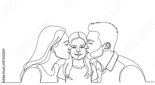 Continuous line drawing of parents kissing their child on the cheeks