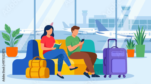 This image illustrates a serene airport lounge featuring a couple engaging with books and phones, reflecting the modern travel experience and leisure moments.