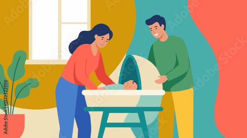 This image captures a joyful moment of parents caring for their newborn baby in a cozy home setting, embodying love, family, and nurturing in daily life.