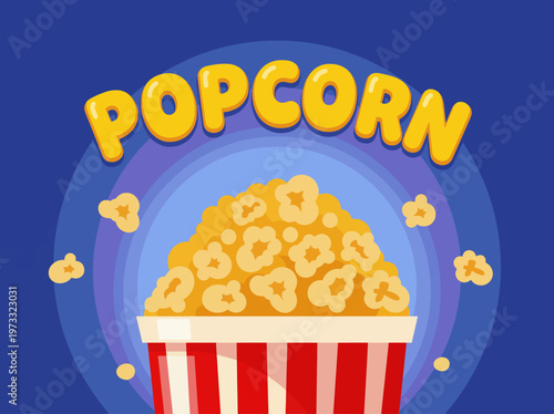 A colorful illustration of a striped popcorn container overflowing with fluffy popcorn, perfect for movie nights or snack time, against a blue background.