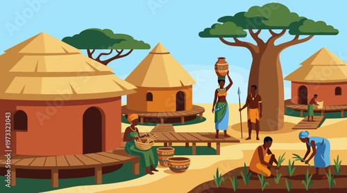 A picturesque depiction of a traditional village showcasing community life, various activities, and natural elements intertwined with architecture and culture.