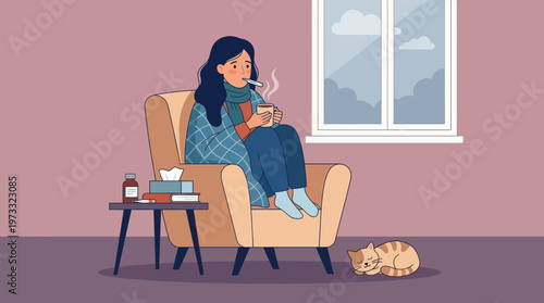 A young woman sits comfortably in an armchair, sipping tea with a cozy blanket around her, expressing warmth and comfort while feeling under the weather, accompanied by a cat.