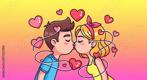 Cartoon illustration of young couple kissing with floating heart shapes