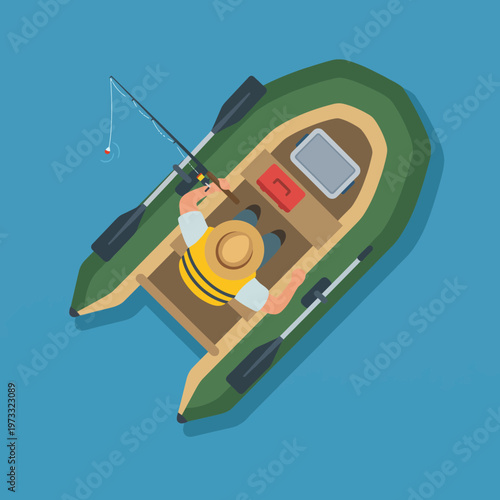 A serene scene depicting a lone fisherman on a small boat, casting his line into a tranquil blue lake while enjoying the great outdoors and the peaceful ambiance.