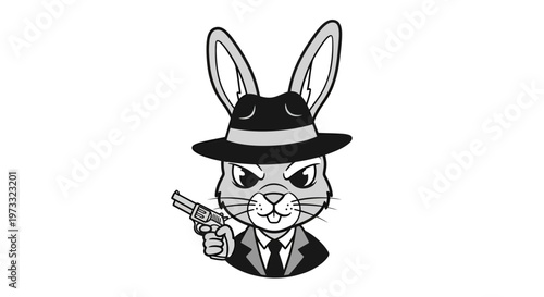 Serious Anthropomorphic Rabbit Gangster with Revolver Vector Illustration, Monochrome Cartoon Character in Vintage Style for Crime, Danger, and Edgy Mascot Concepts.