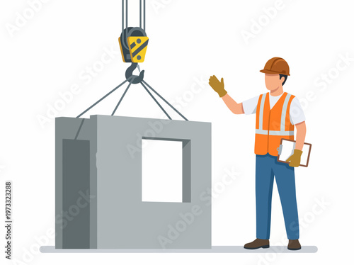 A construction worker in a safety vest and hard hat directs the lifting of a heavy concrete block, demonstrating teamwork and safety in an active construction site environment.