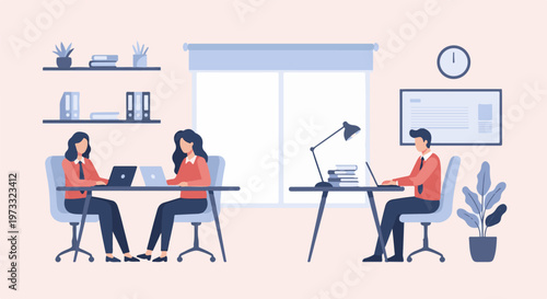 People working in an office environment with laptops and plants