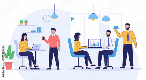 Business professionals collaborating in a modern office space, discussing data on laptops