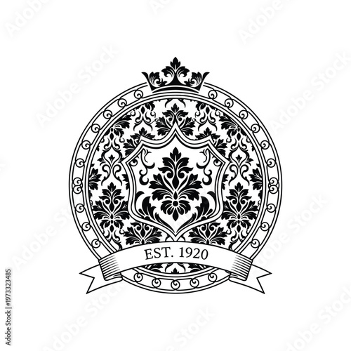 Vintage Heraldic Crest Emblem with Ornate Damask Shield and Crown