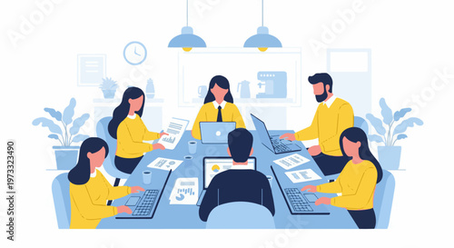 Diverse team collaborates around a table with laptops, papers, and coffee, fostering a productive work environment