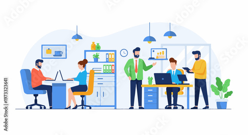 Flat design illustration of a busy office with diverse individuals collaborating on projects using technology