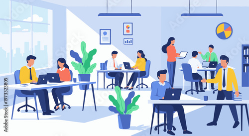 Diverse people collaborating in a modern office, working on laptops and discussing