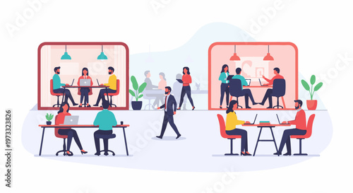 Diverse group collaborates and works on laptops in modern office spaces