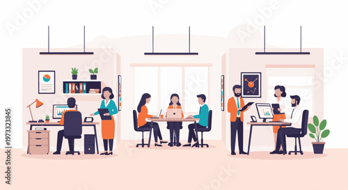 People collaborating and working in modern office spaces with computers and charts