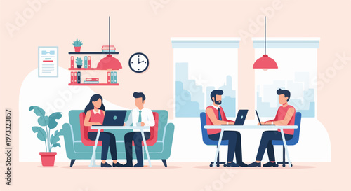 Office workers collaborate in modern workspace with plants, shelves, and cityscape view