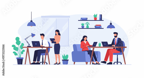 People working collaboratively in a modern office space, utilizing technology and plants