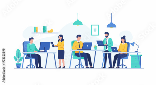 Modern office scene with diverse individuals engaged in work at their desks (1)