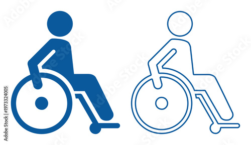 Wheelchair user icon pair in blue, outlined and filled, accessibility symbol. Ideal for accessibility, disability support, or inclusive design.