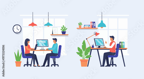 Two people working on computers at desks in a bright office with plants and shelves