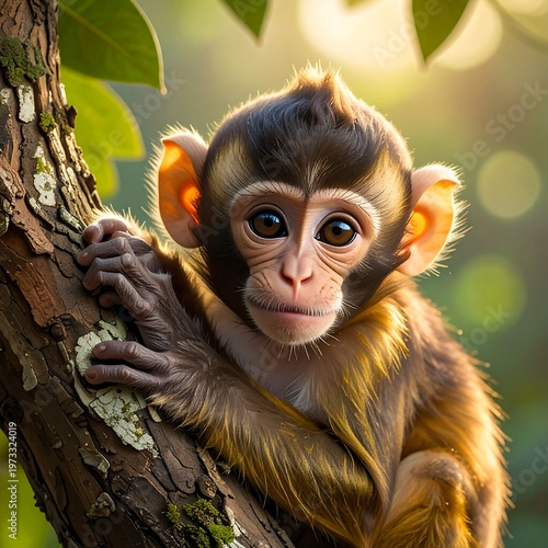 Adorable baby primate with expressive brown eyes clings to a textured tree branch. Sunlight filters through the leaves