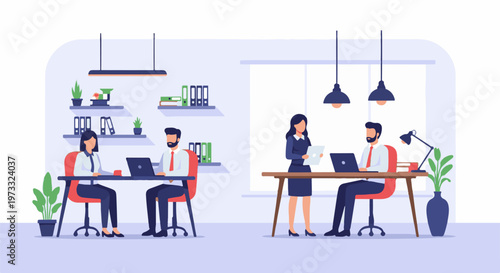 Professionals collaborating in a modern office environment, focused on tasks