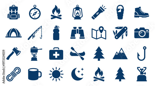 Collection of camping and outdoor adventure icons representing hiking travel and survival gear for nature exploration and recreation activities