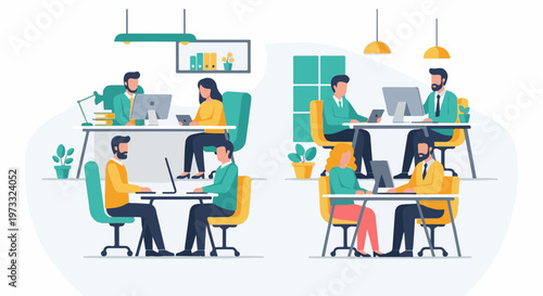 Diverse team members collaborate at desks with computers in a modern office