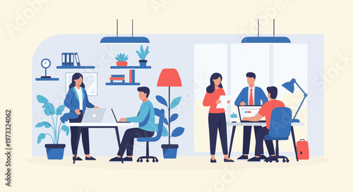 Four diverse individuals collaborating at desks within a modern, light-filled office space