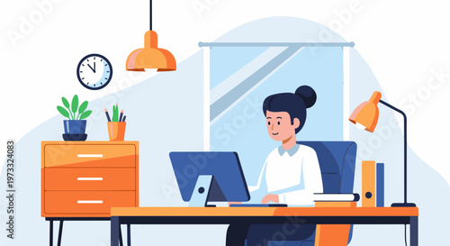 Woman working at a desk with a computer and office supplies