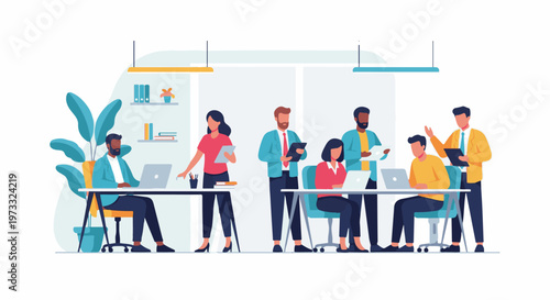 Diverse colleagues collaborate in a modern office, working on laptops and discussing projects