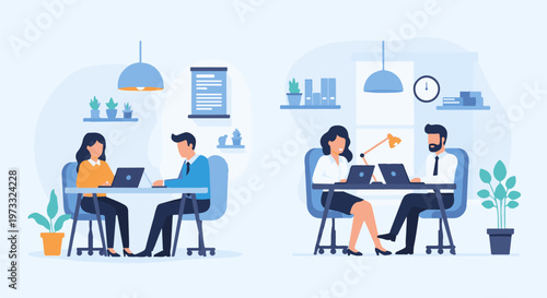 Colleagues collaborate in modern office spaces