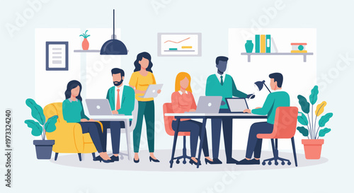 Diverse team collaborating in a modern, open office workspace