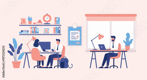 Two people work at desks in a stylish, minimalist office space with potted plants and shelves