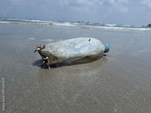 Ocean's Unwanted Guest: A weathered plastic bottle lies stranded on the sandy shore, a stark reminder of environmental pollution and the urgent need for conservation.