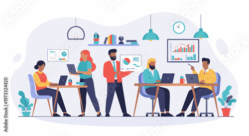 Diverse colleagues collaborate in modern office with data visualization and laptops