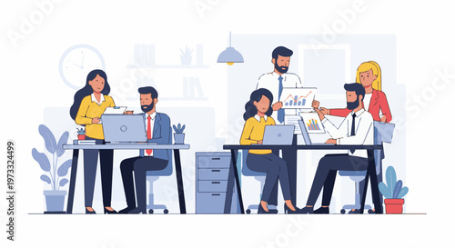 A diverse group of colleagues collaborate on projects in a modern office setting, analyzing charts and working on laptops