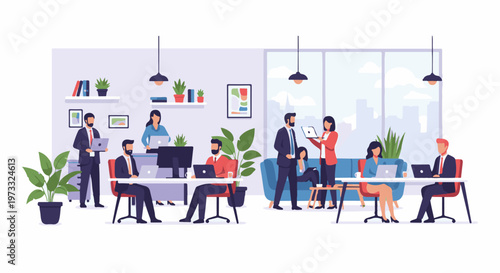 A modern office scene with diverse individuals engaged in various professional activities around desks and lounge areas