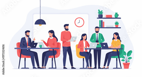 Modern office scene with people collaborating around tables and working on laptops